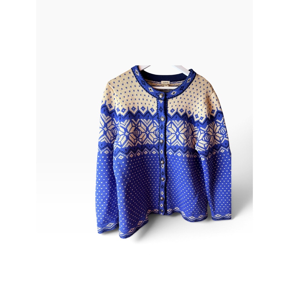 LL Bean Blue Fair Isle Snowflake Lambswool Cardigan Sweater XL 258838
